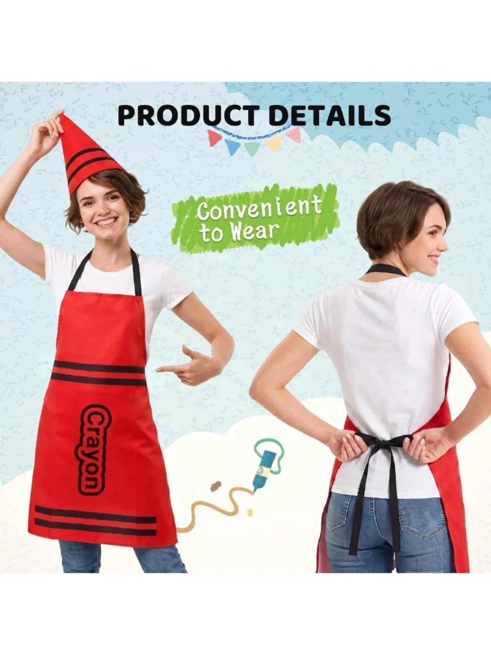 Colorful Adult Crayon Costume with Apron & Gnome Cone Hats - Fun Halloween Group